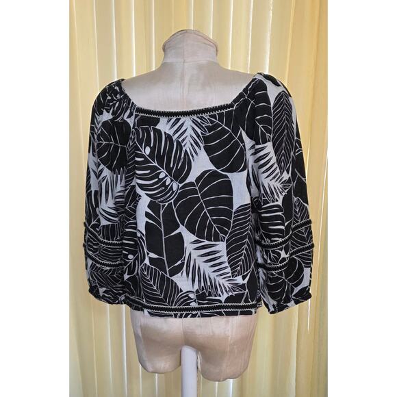 Cynthia Rowley 100% Linen Top Blouse Womens Large Leaves Beachy Coastal Boho NWT - Picture 2 of 4